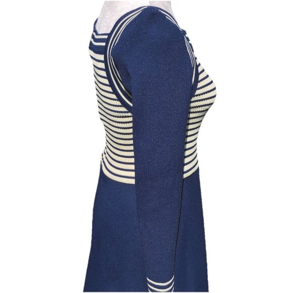Vtg 60s 70s Giamo Knits Mod Navy Blue Striped Knit Maxi Sailor Sweater Dress USA - Picture 3 of 16
